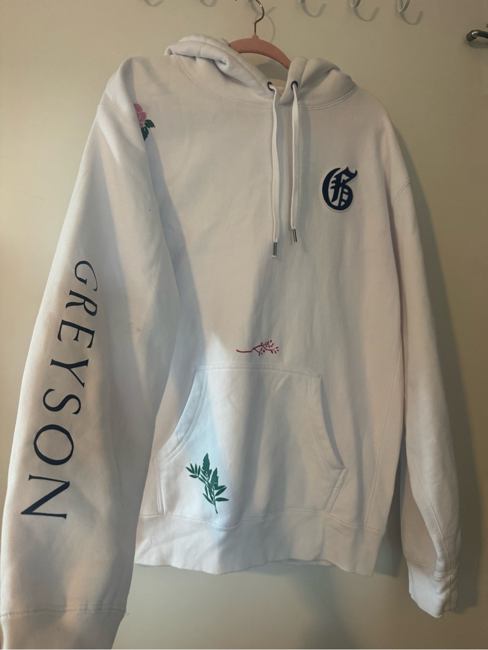 Greyson White Hoodie with Navy Logo and Floral Accents